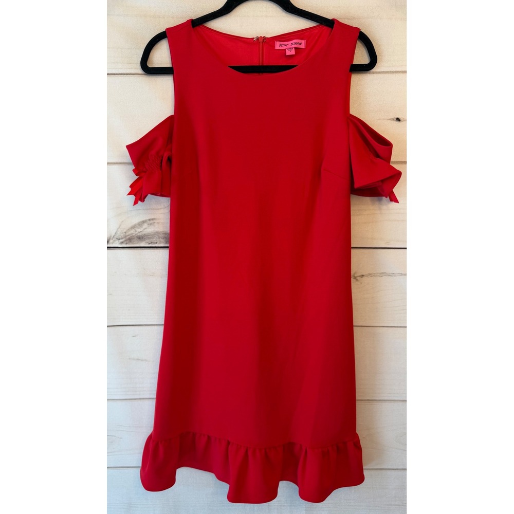 Betsey Johnson Red Cold Shoulder Ruffle Hem Mini Dress Size 6 Bow Detail